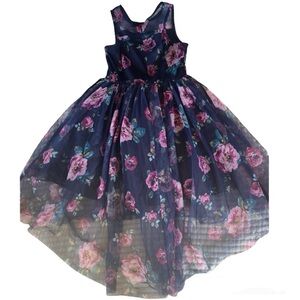 Navy blue floral tulle dress.